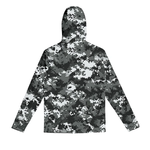 Detail view of the back of a men's hooded sun protection jacket in grey digital camouflage