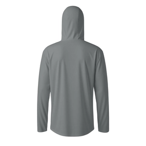 Back view of a grey hooded sun protection jacket in breathable ice silk fabric