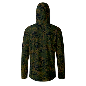 Rear view of men's camouflage sun protection hoodie in lightweight breathable fabric