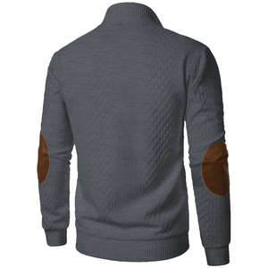 Men's gray jacket back view featuring brown suede elbow patches and quilted knit texture