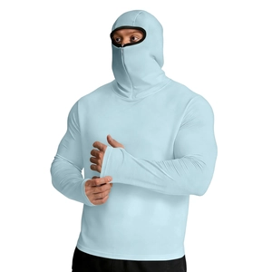Detail of light blue sun protection jacket with thumb holes and integrated face mask hood