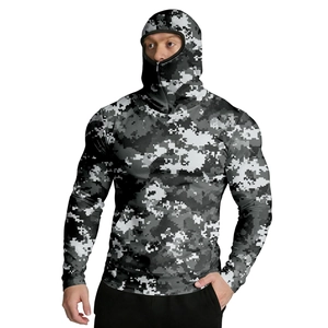Detail of digital camouflage sun protection hoodie with integrated face mask and zipper