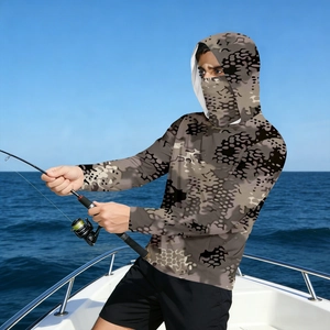 Men's camouflage hooded fishing shirt with face mask for UV sun protection outdoors