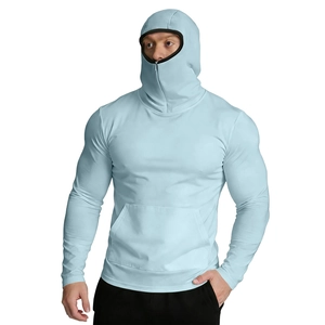 Detail of light blue sun protection hoodie featuring built-in face mask and kangaroo pocket