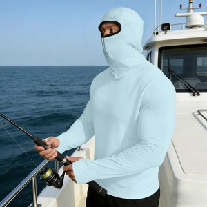 Close-up of light blue ice silk sun protection jacket with integrated face mask on a boat