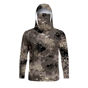 Close-up of camouflage outdoor sun protection jacket with integrated face mask and hood