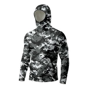Detail view of the digital camo sun shirt with integrated hood and face mask feature