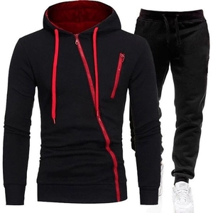 Ensemble de survêtement homme noir avec capuche, fermeture éclair rouge et pantalon sport