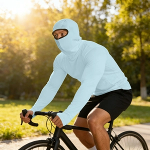 Outdoor cycling photo of men's ice silk sun protection hoodie with face mask detail