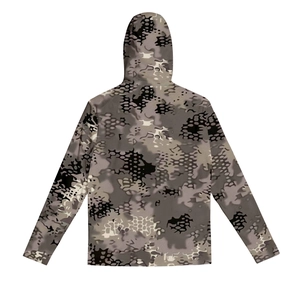 Detail view of hooded sun protection jacket featuring a tactical python camouflage pattern