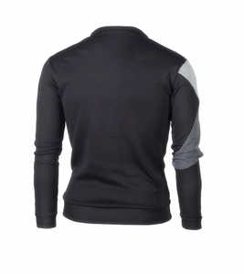 Rear view of men's casual pullover hoodie featuring grey curved sleeve patchwork detail