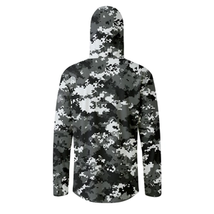 Back view of hooded sun protection jacket featuring a digital gray camo print