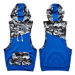 Close-up of blue and camouflage patchwork fitness hoodie tank top with drawstring hood