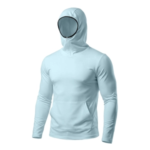 Detail of light blue breathable ice silk sun protection hoodie with kangaroo pocket