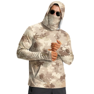 Detail of camouflage tactical sun hoodie featuring integrated face mask and thumbhole cuffs