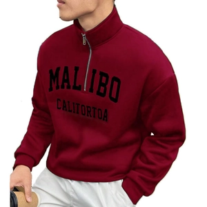 Felpa vintage bordeaux da uomo con mezza zip, colletto rialzato e stampa grafica Malibu