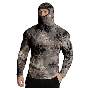 Detail of hooded tactical sun shirt with integrated face mask and camouflage pattern