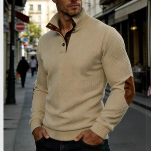 Men's beige stand collar knit cardigan with brown elbow patches and jacquard pattern