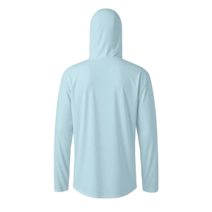 Rear view of a light blue hooded sun protection jacket with breathable elastic fabric