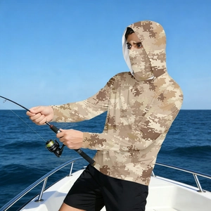 Men's digital camouflage sun protection fishing jacket with integrated face mask and hood