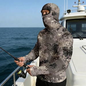 Close-up of men's camouflage sun protection fishing jacket with integrated face mask