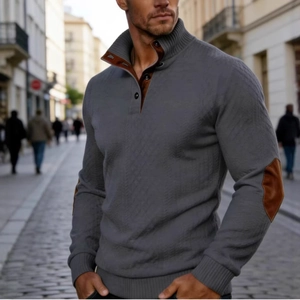 Men's dark grey stand collar knit sweater with brown elbow patches and button detail