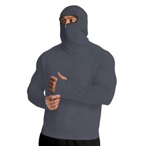 Detail of dark grey sun protection hoodie featuring built-in face mask and zipper closure