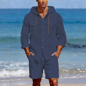 Ensemble d'été 2 pièces pour hommes en lin bleu foncé avec chemise à capuche et short