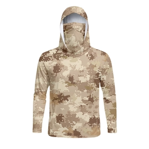 Detail of hooded camo sun protection jacket with integrated face mask and front pocket