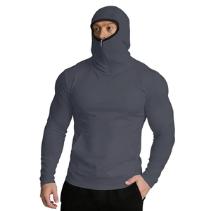 Detail of grey men's sun protection jacket with integrated face mask and hood