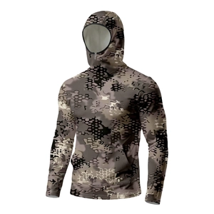 Close-up of camouflage sun protection jacket with integrated face cover and hood