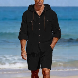 Ensemble décontracté en lin noir pour homme avec chemise à capuche et short assorti