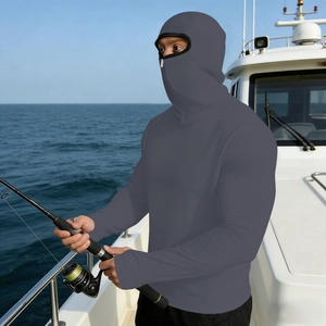 Detail of dark grey sun protection fishing jacket with face shield on boat