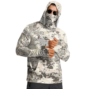 Detail of hooded sun protection jacket with digital camouflage and thumbhole cuffs