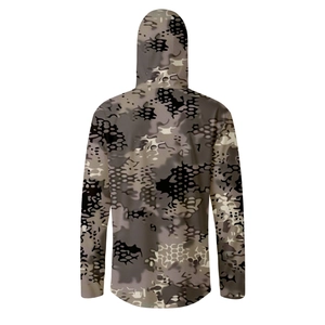 Rear view of camouflage fishing sun protection hoodie with breathable ice silk fabric