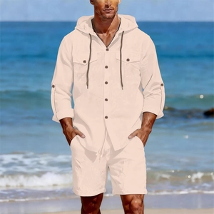 Ensemble en lin pour hommes avec chemise à capuche et short décontracté beige