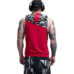 Detail of red men's hooded tank top with camouflage pattern on shoulders and back