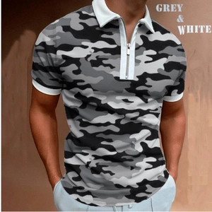 Detail of grey camo polo shirt showing white collar and functional zipper neckline