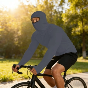 Detail of grey sun protection jacket with full face coverage and thumb holes for cycling