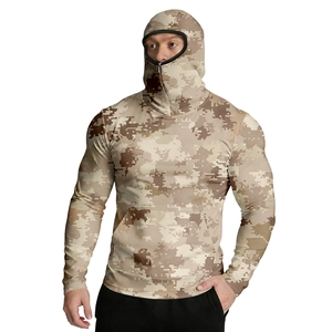 Detail of hooded sun protection jacket with desert camo print and integrated face mask