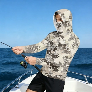 Men's hooded fishing sun jacket featuring desert digital camouflage and face mask detail