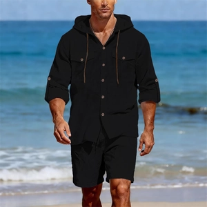 Ensemble décontracté en lin noir pour homme avec chemise à capuche et short à cordon
