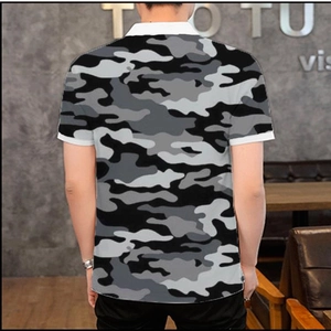 Rear view of a men's slim fit polo shirt featuring grey camo print and white trim detail
