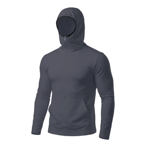 Close-up of full coverage hooded collar and high neck design on men's sun protection jacket