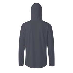 Detail of grey lightweight sun protection jacket with hood and breathable ice silk fabric