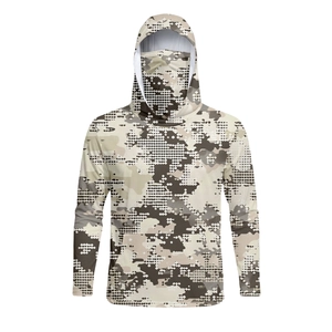Close-up of tactical sun protection hoodie featuring digital desert camo and face mask