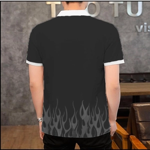 Rear view of black polo shirt with white contrast collar and grey flame print pattern