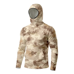 Detail of desert camo tactical sun hoodie featuring built-in face mask and kangaroo pocket
