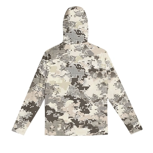 Detail of digital camouflage pattern on a lightweight hooded sun protection jacket