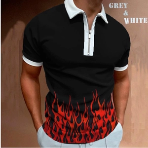 Detail of men's polo shirt featuring a half-zip collar and vibrant red flame print design